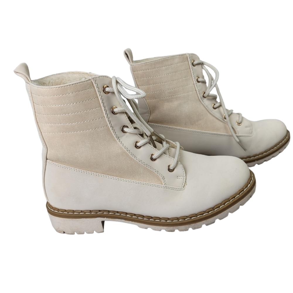 JUST FAB "ELSA" Faux Leather/Suede Lace-Up Ankle Boots Ivory